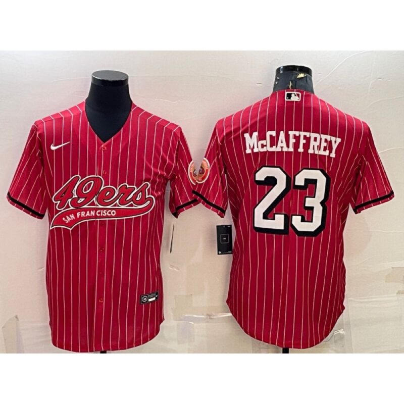 6861aae164ee8_1 Men's San Francisco 49ers #23 Christian McCaffrey Red With Patch Cool Base Stitched Baseball Jersey