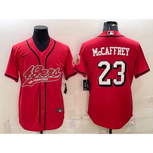 6861aae4a1cbf_1 Men's San Francisco 49ers #23 Christian McCaffrey New Red With Patch Cool Base Stitched Baseball Jersey