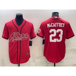 6861aae7605d7_1 Men's San Francisco 49ers #23 Christian McCaffrey Red With Patch Cool Base Stitched Baseball Jersey