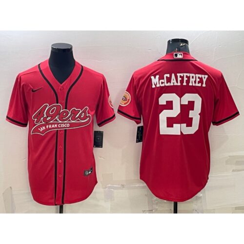 6861aae7605d7_1 Men's San Francisco 49ers #23 Christian McCaffrey Red With Patch Cool Base Stitched Baseball Jersey
