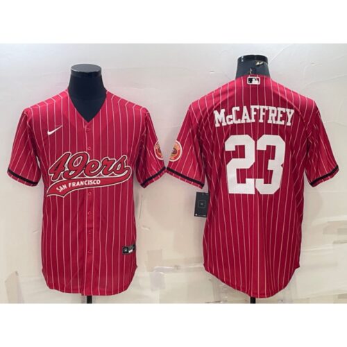 6861aaea6a6fd_1 Men's San Francisco 49ers #23 Christian McCaffrey Red With Patch Cool Base Stitched Baseball Jersey