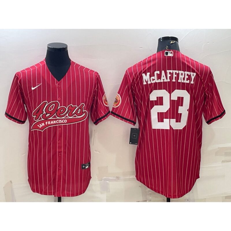 6861aaea6a6fd_1 Men's San Francisco 49ers #23 Christian McCaffrey Red With Patch Cool Base Stitched Baseball Jersey