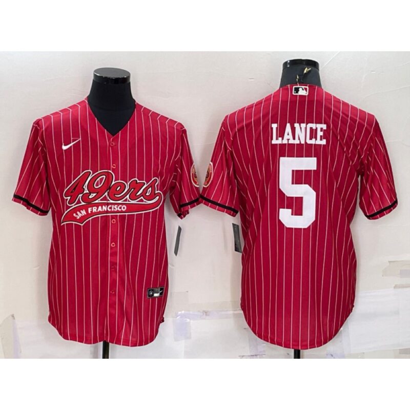 6861aaf303e3e_1 Men's San Francisco 49ers #5 Trey Lance Red With Patch Cool Base Stitched Baseball Jersey