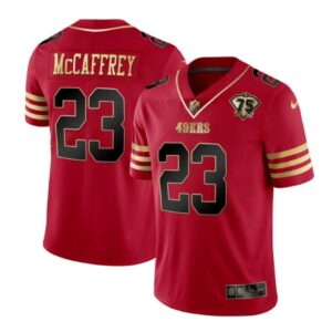 6861ab3cae46a_1 Men's San Francisco 49ers #23 Christian McCaffrey Red Gold With 75th Patch Cool Base Stitched Jersey