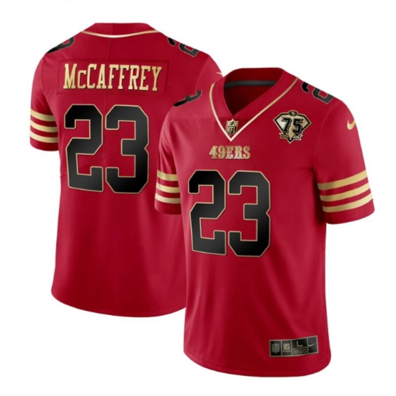6861ab3cae46a_1 Men's San Francisco 49ers #23 Christian McCaffrey Red Gold With 75th Patch Cool Base Stitched Jersey