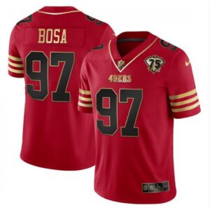 6861ab51cca18_1 Men's San Francisco 49ers #97 Nick Bosa Red Gold With 75th Anniversary Patch Stitched Jersey