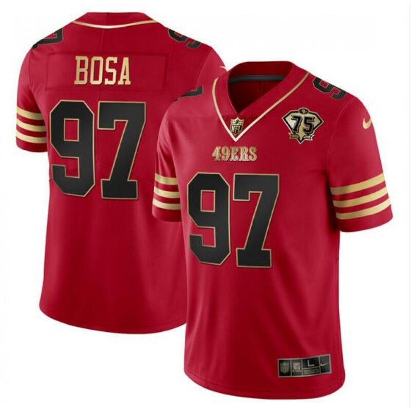 6861ab51cca18_1 Men's San Francisco 49ers #97 Nick Bosa Red Gold With 75th Anniversary Patch Stitched Jersey