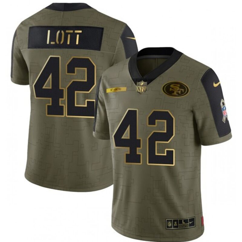 6861ab5a5ff58_1 Men's San Francisco 49ers #42 Ronnie Lott 2021 Olive Salute To Service Golden Limited Stitched Jersey