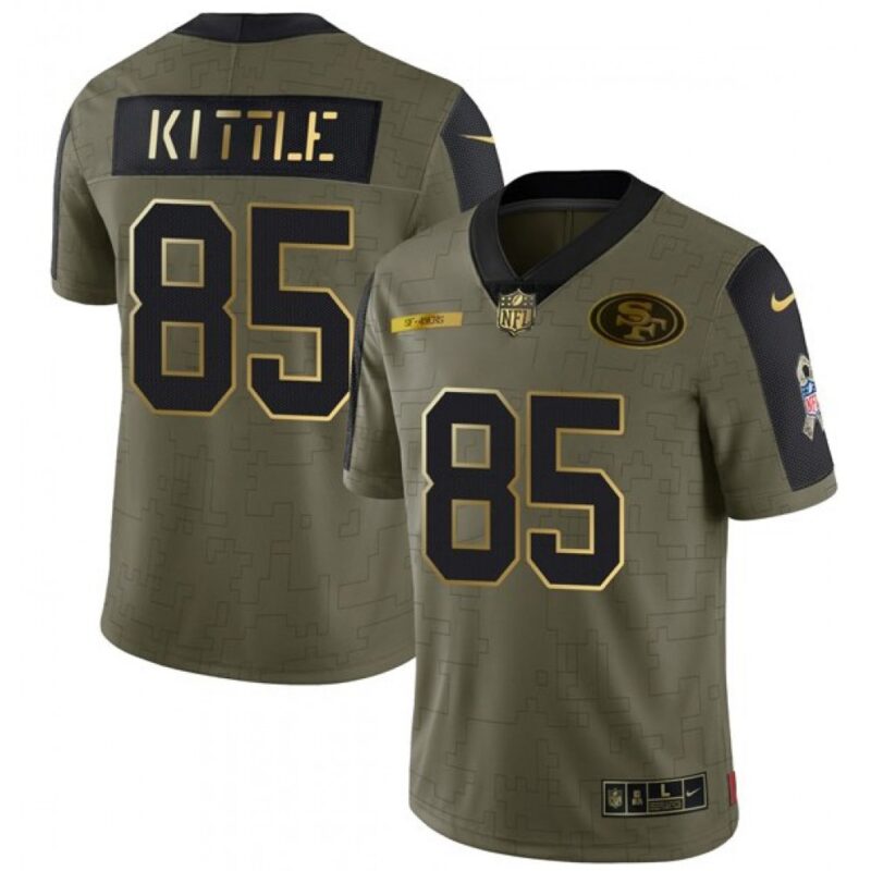 6861ab884dc45_1 Men's San Francisco 49ers #85 George Kittle 2021 Olive Camo Salute To Service Golden Limited Stitched Jersey