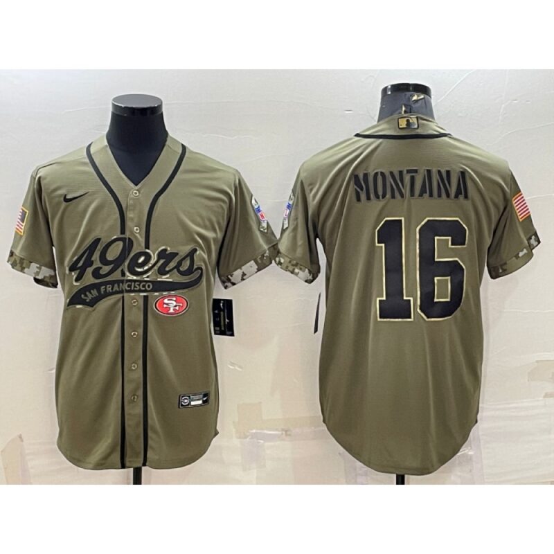 6861aba2586ea_1 Men's San Francisco 49ers #16 Joe Montana 2022 Olive Salute to Service Cool Base Stitched Baseball Jersey