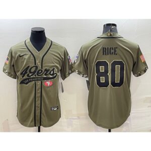 6861aba59040d_1 Men's San Francisco 49ers #80 Jerry Rice 2022 Olive Salute to Service Cool Base Stitched Baseball Jersey