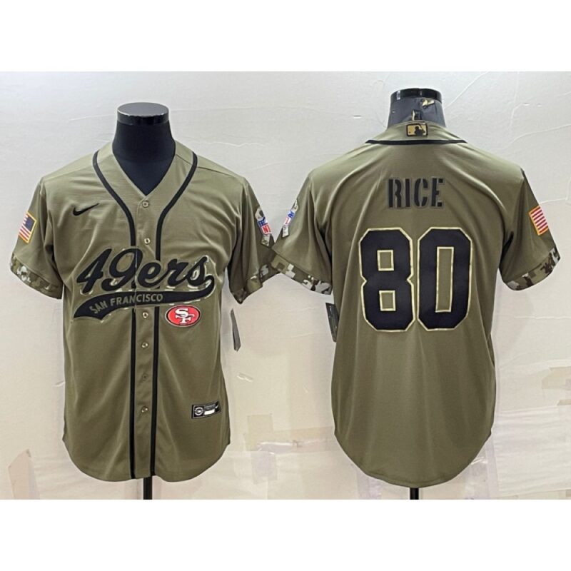 6861aba59040d_1 Men's San Francisco 49ers #80 Jerry Rice 2022 Olive Salute to Service Cool Base Stitched Baseball Jersey
