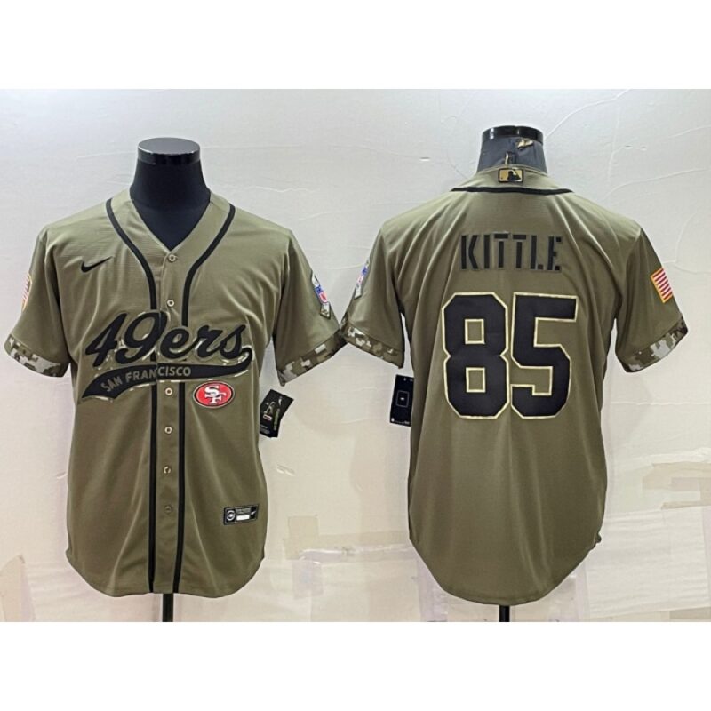 6861aba8a3bef_1 Men's San Francisco 49ers #85 George Kittle 2022 Olive Salute to Service Cool Base Stitched Baseball Jersey