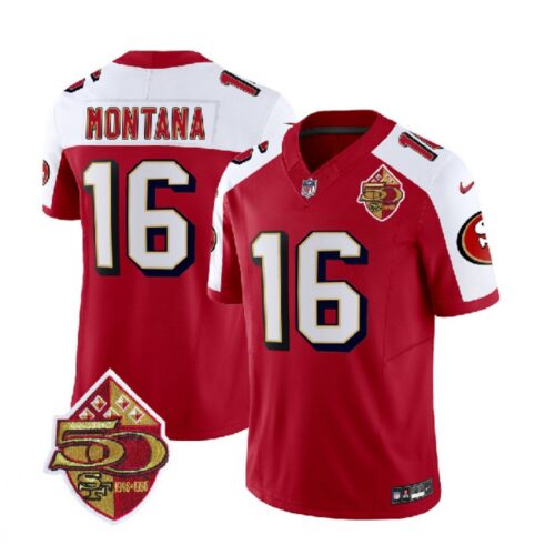 6861abe58e4e8_1 Men's San Francisco 49ers #16 Joe Montana Red/White 2023 F.U.S.E. 50th Patch Throwback Stitched Football Jersey