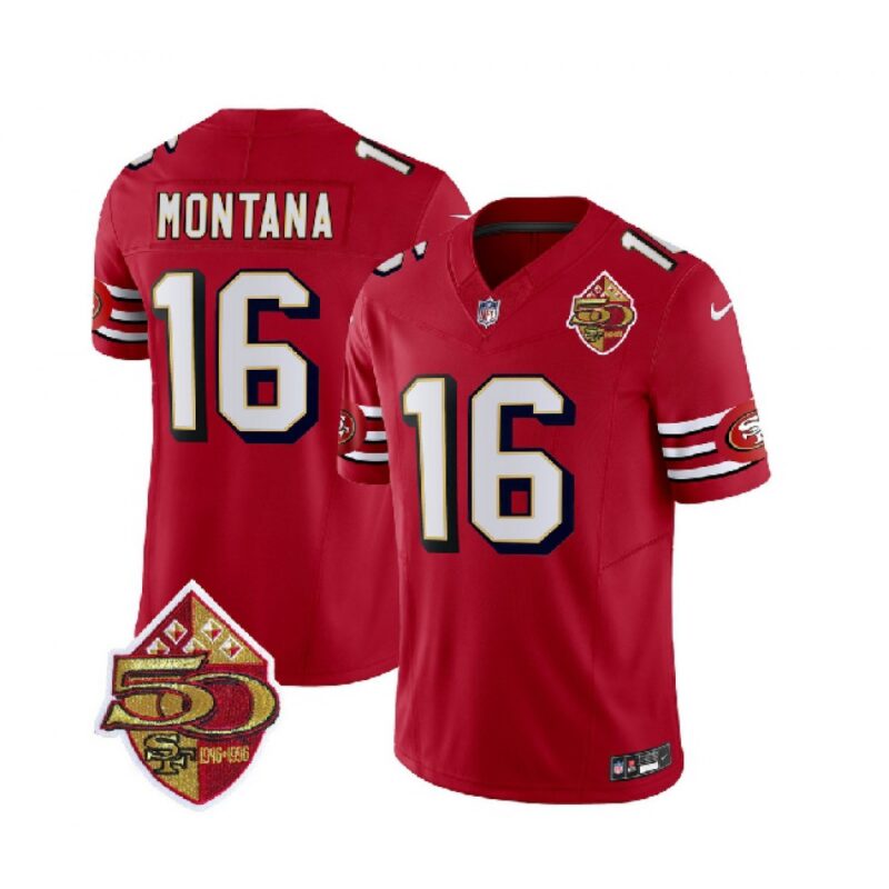 6861abe8b33ca_1 Men's San Francisco 49ers #16 Joe Montana Red 2023 F.U.S.E. 50th Patch Throwback Stitched Football Jersey
