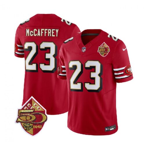 6861abeb9f5f1_1 Men's San Francisco 49ers #23 Christian McCaffrey Red 2023 F.U.S.E. 50th Patch Throwback Stitched Football Jersey