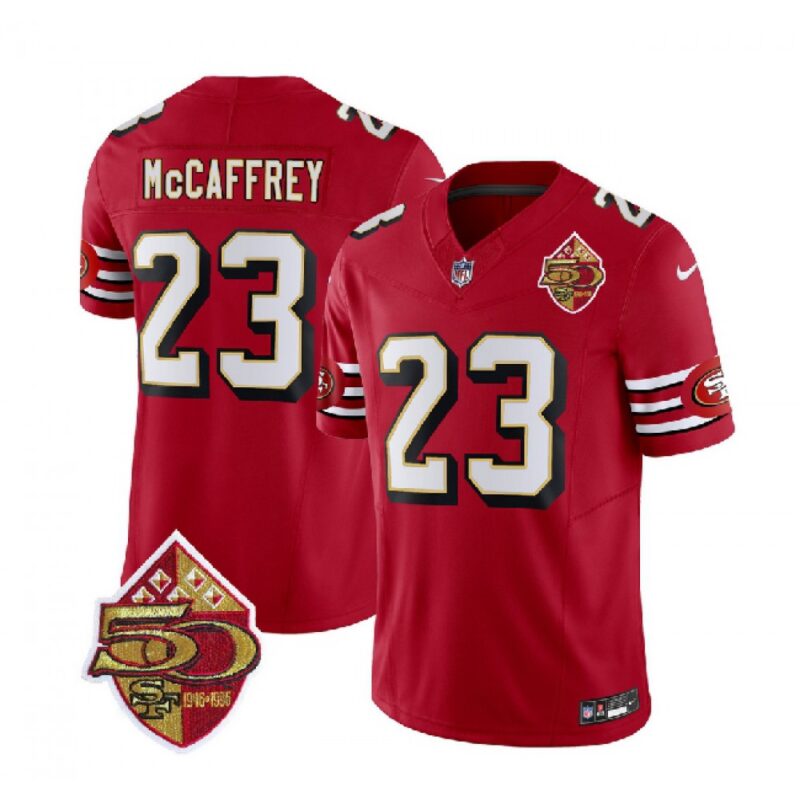 6861abeb9f5f1_1 Men's San Francisco 49ers #23 Christian McCaffrey Red 2023 F.U.S.E. 50th Patch Throwback Stitched Football Jersey