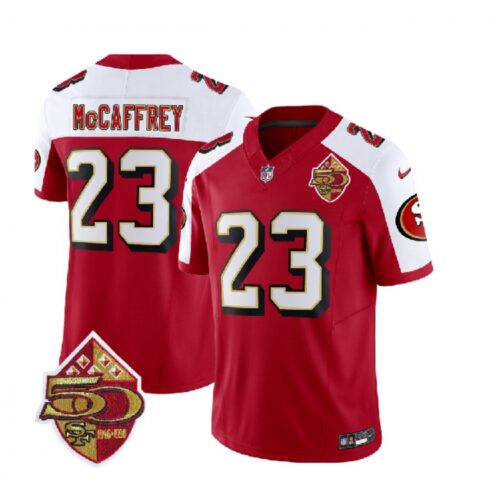 6861abeea6a79_1 Men's San Francisco 49ers #23 Christian McCaffrey Red/White 2023 F.U.S.E. 50th Patch Throwback Stitched Football Jersey