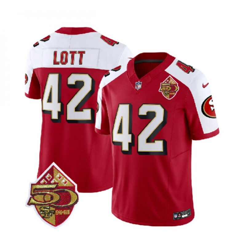 6861abf79622b_1 Men's San Francisco 49ers #42 Ronnie Lott Red/White 2023 F.U.S.E. 50th Patch Throwback Stitched Football Jersey