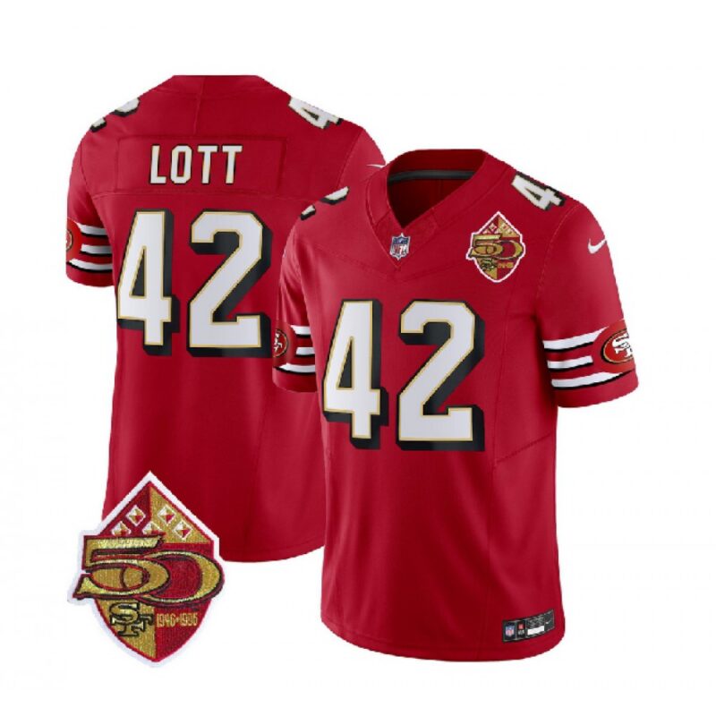 6861abfa9c1a4_1 Men's San Francisco 49ers #42 Ronnie Lott Red 2023 F.U.S.E. 50th Patch Throwback Stitched Football Jersey