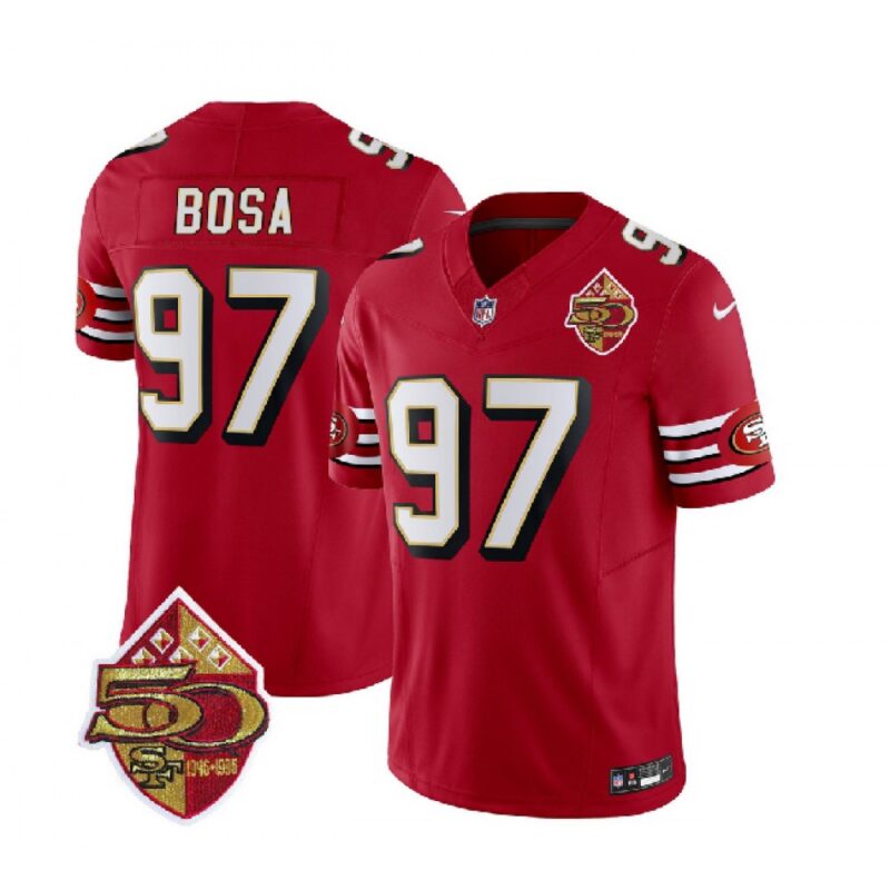 6861ac0c748a0_1 Men's San Francisco 49ers #97 Nick Bosa Red 2023 F.U.S.E. 50th Patch Throwback Stitched Football Jersey