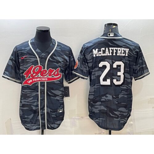 6861acd40001f_1 Men's San Francisco 49ers #23 Christian McCaffrey Grey Camo With Patch Cool Base Stitched Baseball Jersey