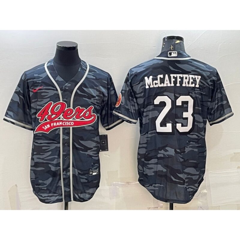 6861acd40001f_1 Men's San Francisco 49ers #23 Christian McCaffrey Grey Camo With Patch Cool Base Stitched Baseball Jersey