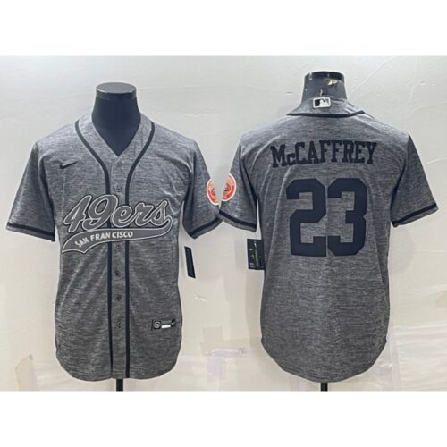 6861acd7137c5_1 Men's San Francisco 49ers #23 Christian McCaffrey Grey With Patch Cool Base Stitched Baseball Jersey