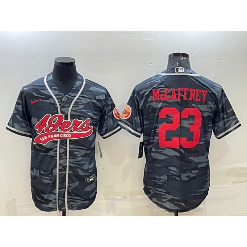 6861acda45d7a_1 Men's San Francisco 49ers #23 Christian McCaffrey Grey Red Camo With Patch Cool Base Stitched Baseball Jersey