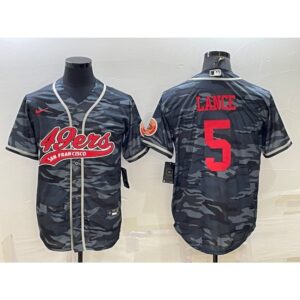 6861ace37d8fc_1 Men's San Francisco 49ers #5 Trey Lance Grey Red Camo With Patch Cool Base Stitched Baseball Jersey