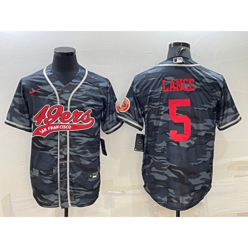 6861ace37d8fc_1 Men's San Francisco 49ers #5 Trey Lance Grey Red Camo With Patch Cool Base Stitched Baseball Jersey