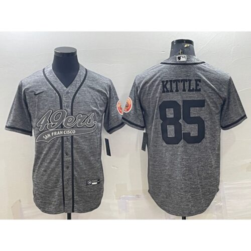 6861acf54fabd_1 Men's San Francisco 49ers #85 George Kittle Grey With Patch Cool Base Stitched Baseball Jersey