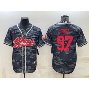 6861acfde9b92_1 Men's San Francisco 49ers #97 Nick Bosa Grey Red Camo With Patch Cool Base Stitched Baseball Jersey