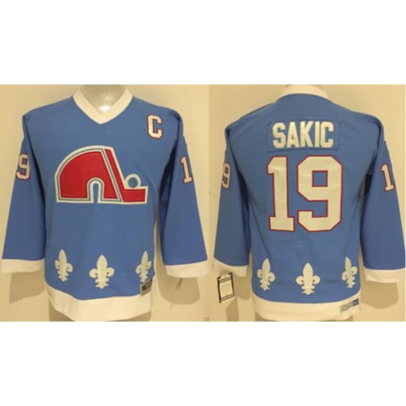 Nordiques #19 Joe Sakic Light Blue Stitched Youth NHL Jersey