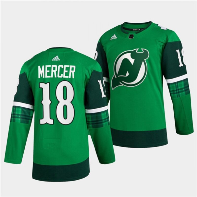 6861ad9130291_1 Men's New Jersey Devils #18 Dawson Mercer Green Warm-Up St Patricks Day Stitched Jersey