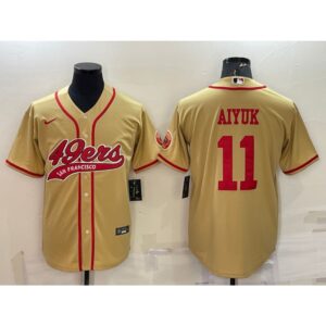6861ae784609d_1 Men's San Francisco 49ers #11 Brandon Aiyuk Gold With Patch Cool Base Stitched Baseball Jersey