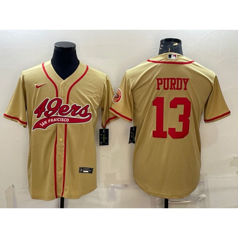 6861ae7e80149_1 Men's San Francisco 49ers #13 Brock Purdy Gold With Patch Cool Base Stitched Baseball Jersey