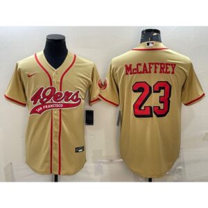 6861ae87b4626_1 Men's San Francisco 49ers #23 Christian McCaffrey New Gold With Patch Cool Base Stitched Baseball Jersey