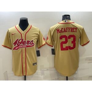 6861ae8aed6c1_1 Men's San Francisco 49ers #23 Christian McCaffrey Gold With Patch Cool Base Stitched Baseball Jersey
