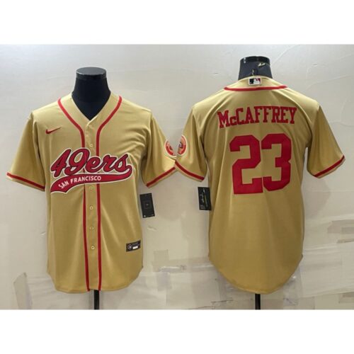 6861ae8aed6c1_1 Men's San Francisco 49ers #23 Christian McCaffrey Gold With Patch Cool Base Stitched Baseball Jersey