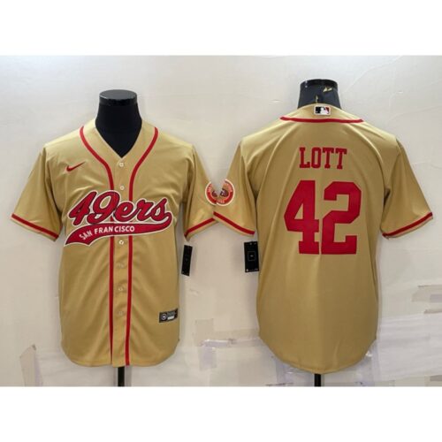 6861ae8e21604_1 Men's San Francisco 49ers #42 Ronnie Lott Gold With Patch Cool Base Stitched Baseball Jersey