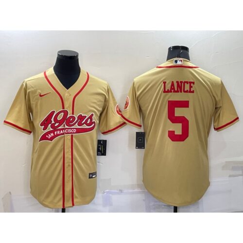 6861ae913cf7b_1 Men's San Francisco 49ers #5 Trey Lance Gold Cool Base Stitched Baseball Jersey