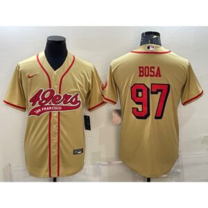 6861aea37a11f_1 Men's San Francisco 49ers #97 Nick Bosa New Gold With Patch Cool Base Stitched Baseball Jersey