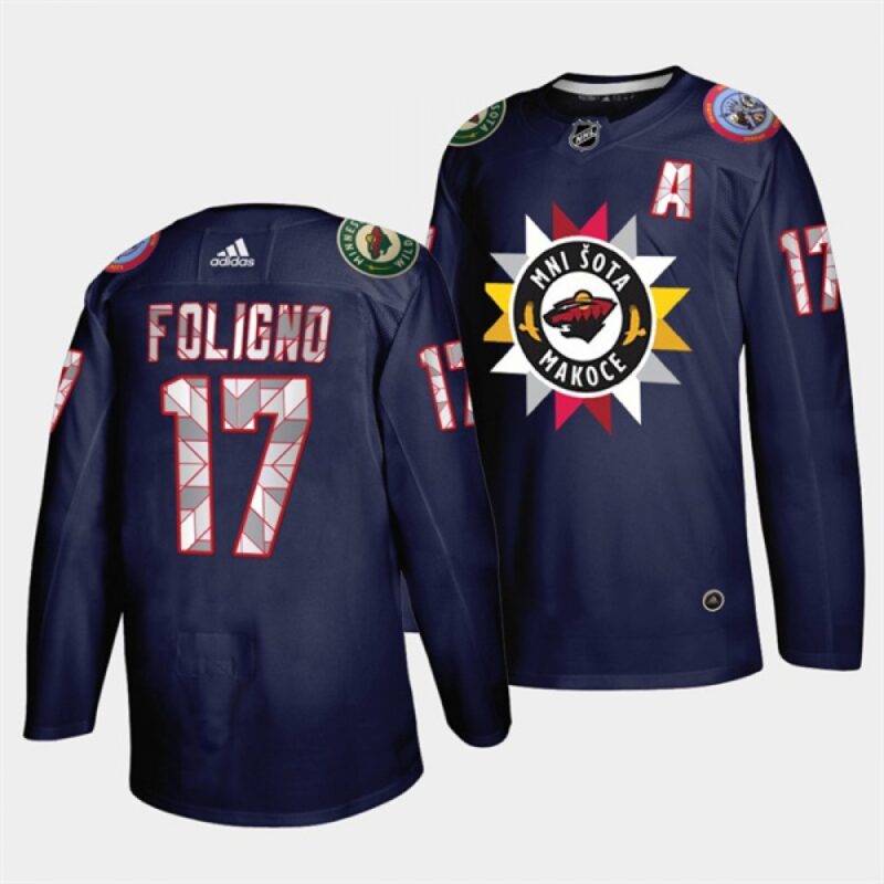 6861aee22348c_1 Men's Minnesota Wild #17 Marcus Foligno 2021/22 Navy Native American Heritage Day Stitched Jersey