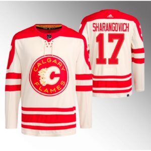 6861aef2385da_1 Men's Calgary Flames #17 Yegor Sharangovich 2023 Cream Heritage Classic Primegreen Stitched Jersey