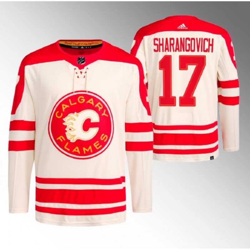6861aef2385da_1 Men's Calgary Flames #17 Yegor Sharangovich 2023 Cream Heritage Classic Primegreen Stitched Jersey