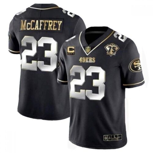 6861af3c1472d_1 Men's San Francisco 49ers #23 Christian McCaffrey Black/Gold With C Patch Vapor Untouchable Limited Stitched Football Jersey