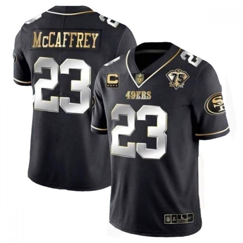 6861af3c1472d_1 Men's San Francisco 49ers #23 Christian McCaffrey Black/Gold With C Patch Vapor Untouchable Limited Stitched Football Jersey