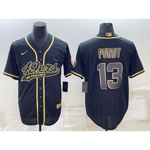 6861b00263dac_1 Men's San Francisco 49ers #13 Brock Purdy Black Gold With Patch Cool Base Stitched Baseball Jersey