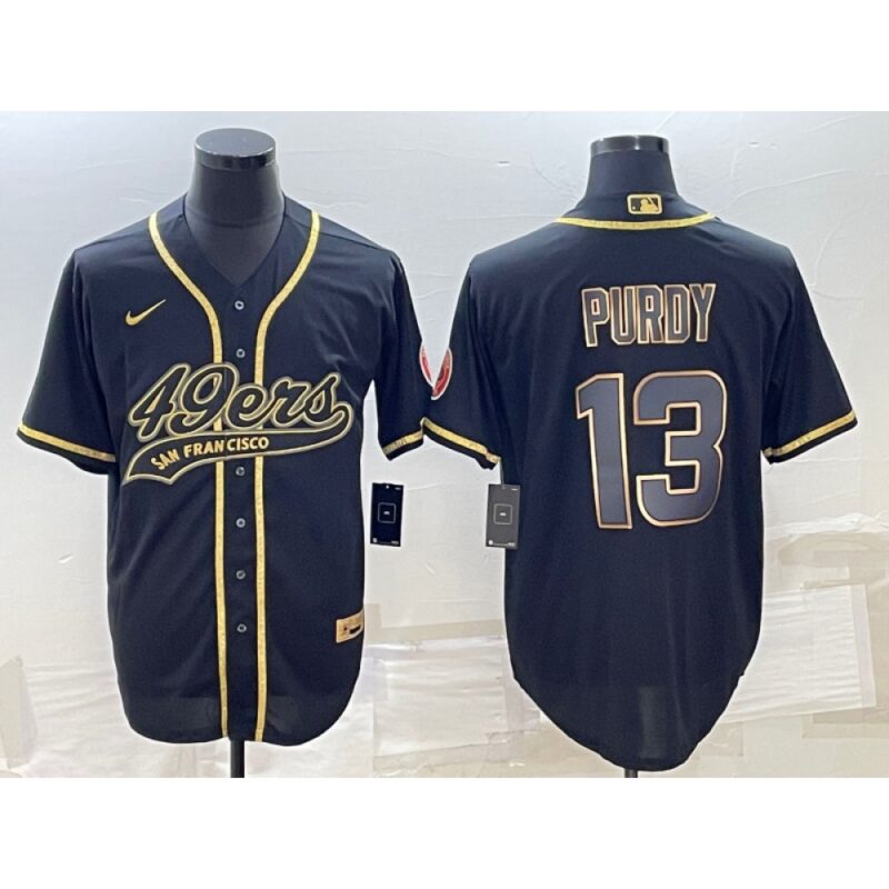 6861b00263dac_1 Men's San Francisco 49ers #13 Brock Purdy Black Gold With Patch Cool Base Stitched Baseball Jersey
